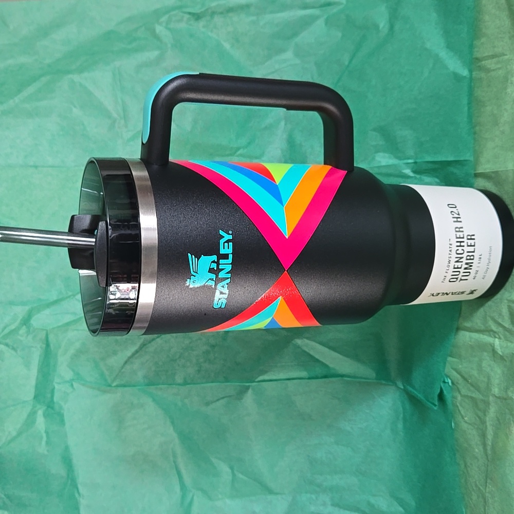 Stanley Black Tumbler with Colorful Geometric Pattern